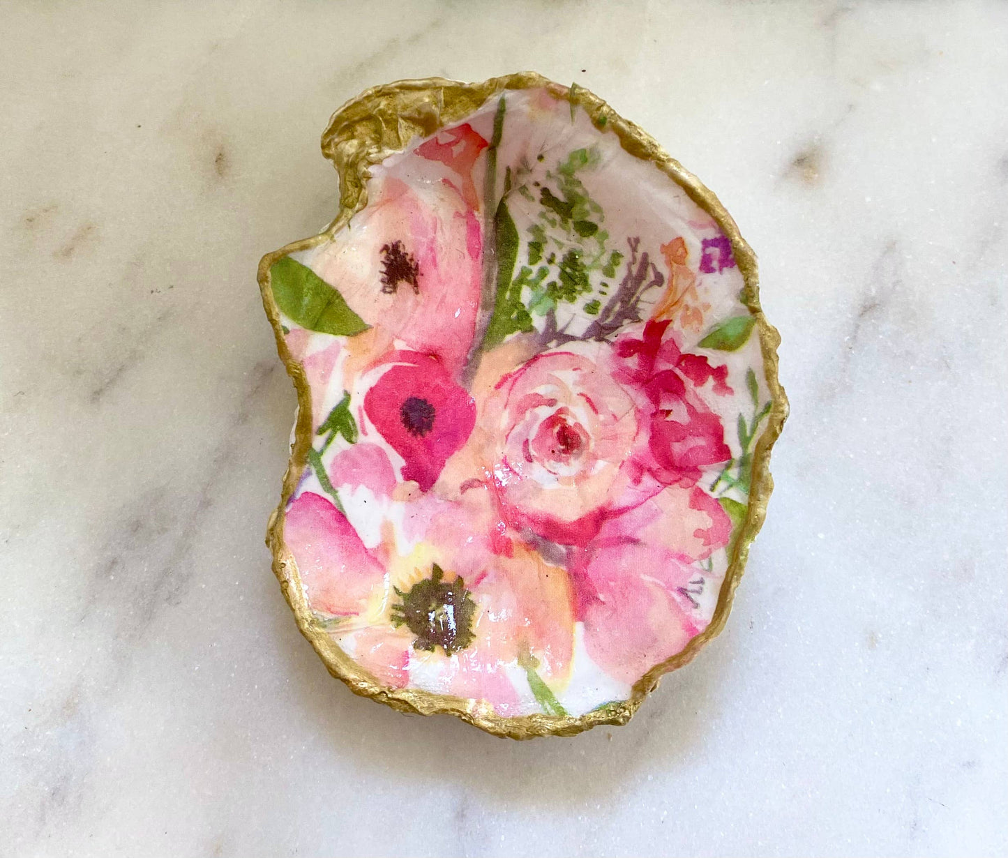 Pink Floral Oyster Shell Jewelry Dish: Small