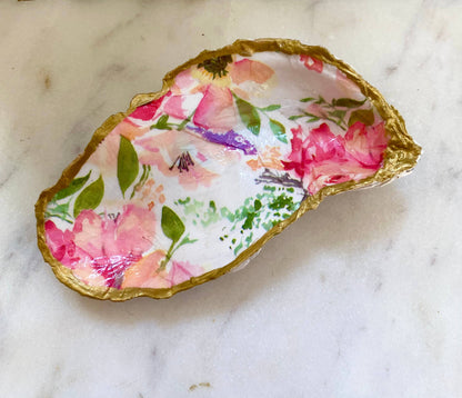 Pink Floral Oyster Shell Jewelry Dish: Small