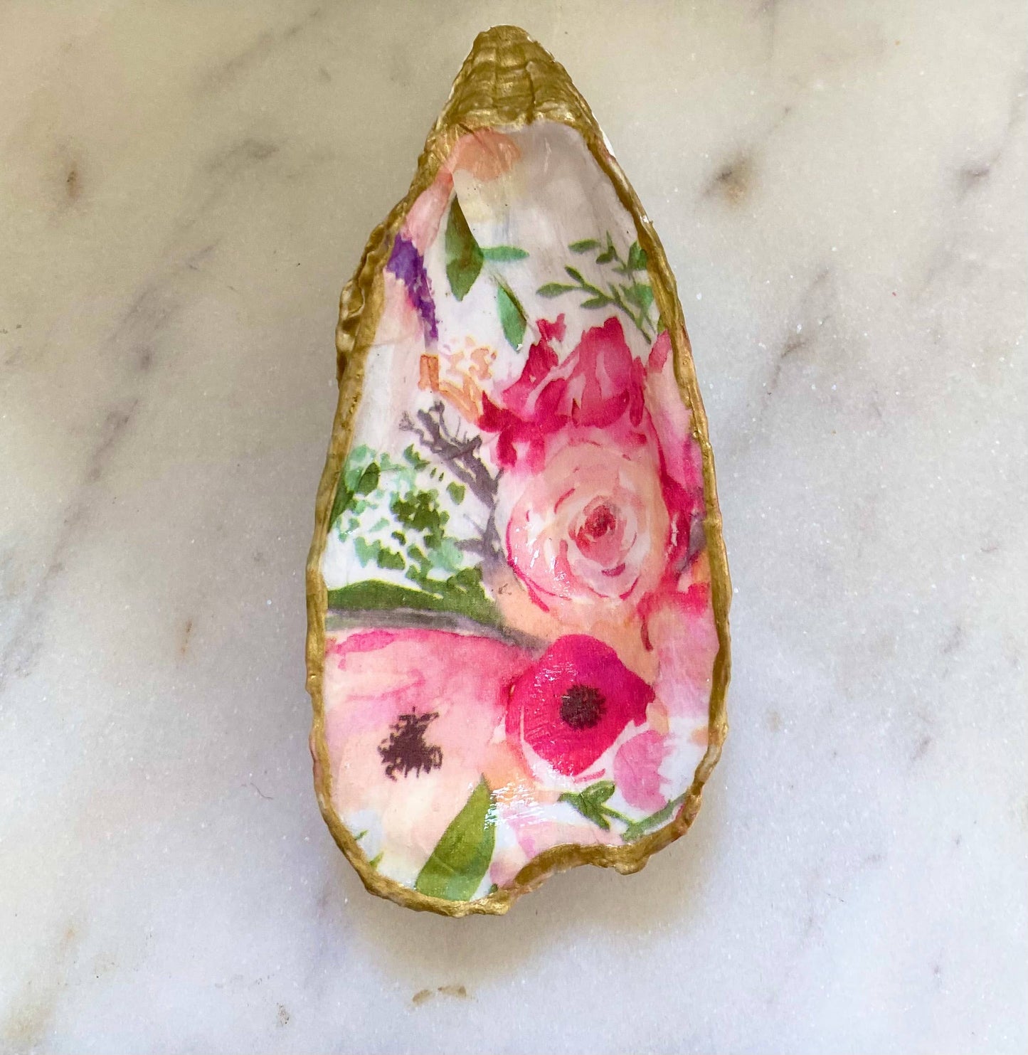 Pink Floral Oyster Shell Jewelry Dish: Small