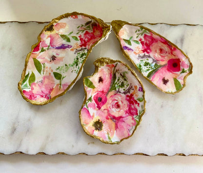 Pink Floral Oyster Shell Jewelry Dish: Small