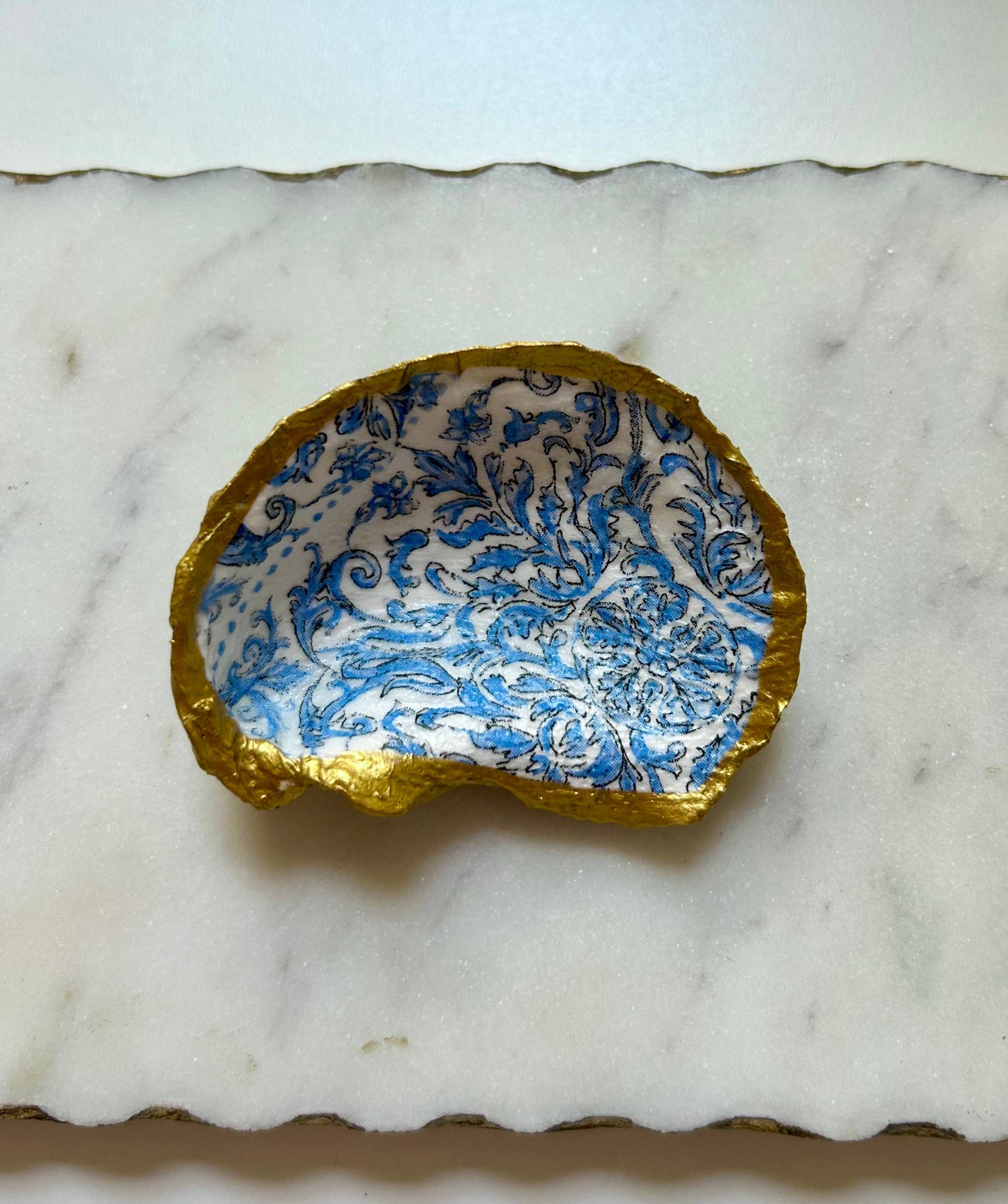 Blue Portuguese Tile Oyster Shell Jewelry Dish: Small