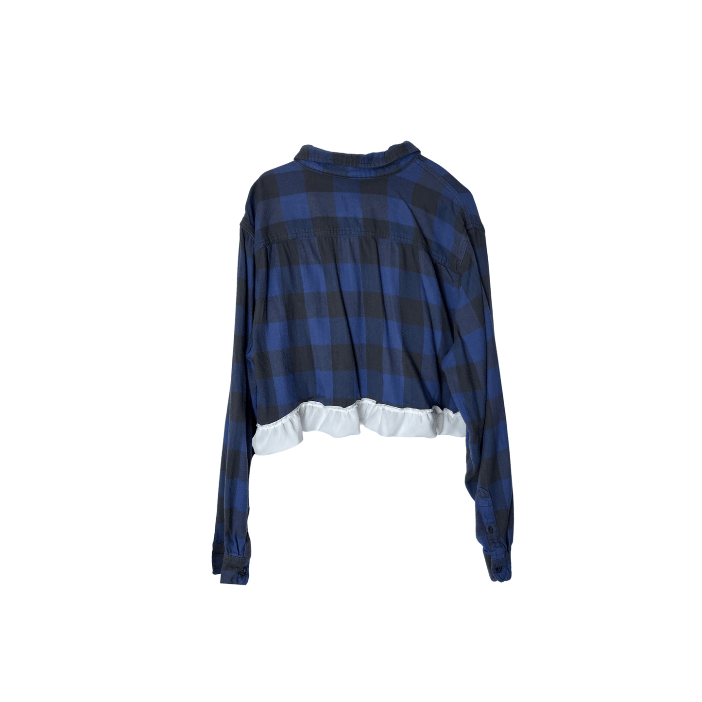 Reworked Cropped Blue Flannel with Ruffle Edging