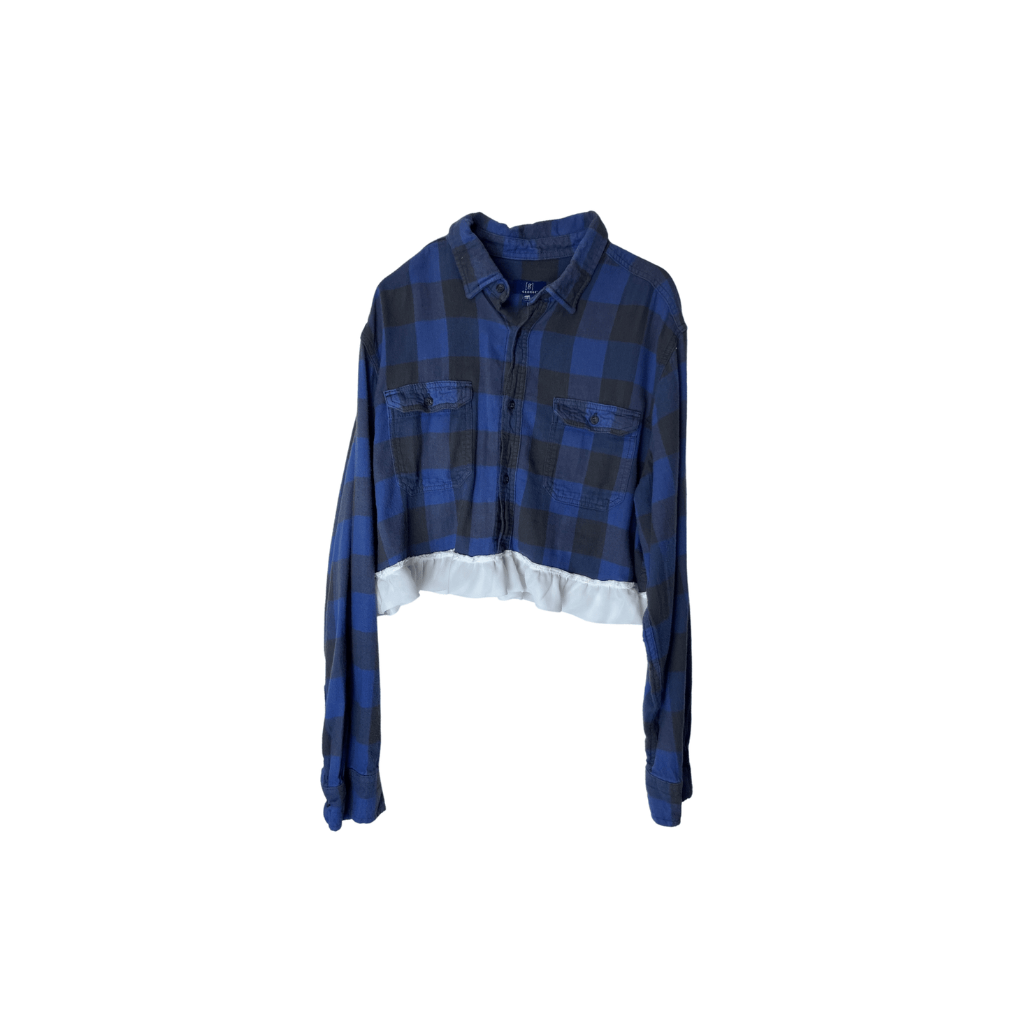 Reworked Cropped Blue Flannel with Ruffle Edging