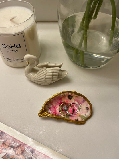 Pink Floral Oyster Shell Jewelry Dish: Small