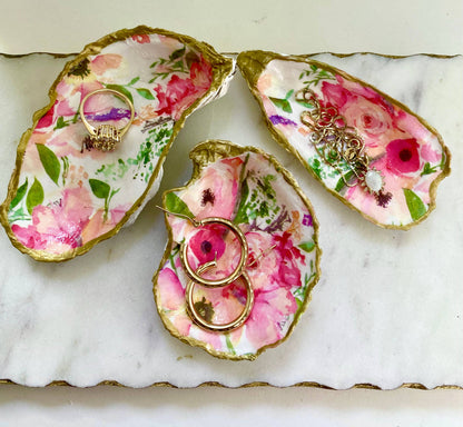 Pink Floral Oyster Shell Jewelry Dish: Small