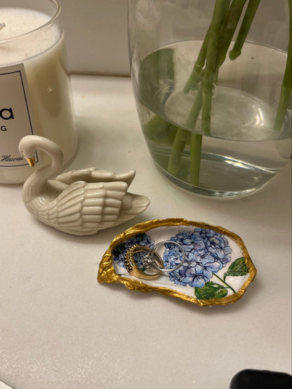 Blue Hydrangea Oyster Shell Jewelry Dish: Small