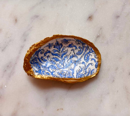 Blue Portuguese Tile Oyster Shell Jewelry Dish: Small