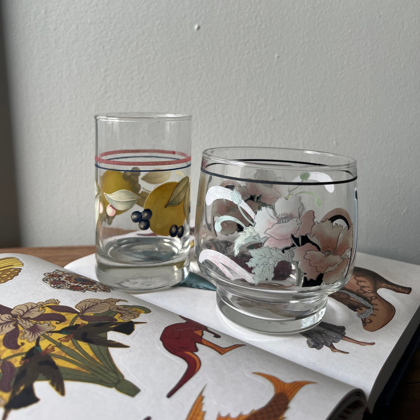 Vintage Glass Juice Cups with Lemon and Floral Design