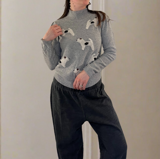 Playful Dog-Patterned Grey Sweater