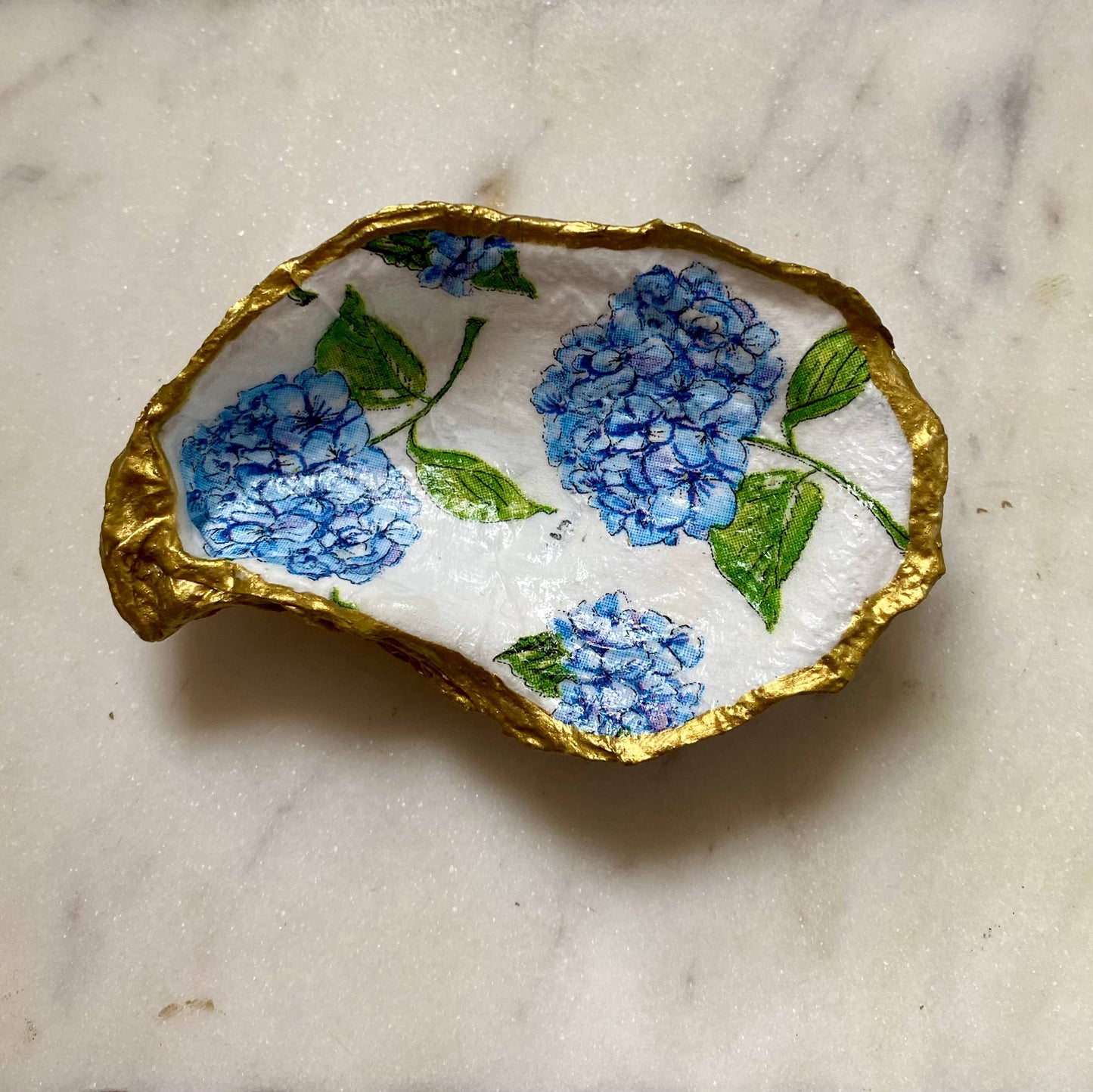 Blue Hydrangea Oyster Shell Jewelry Dish: Small