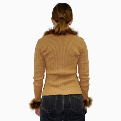 BROWN TIE UP SWEATER WITH FEATHERS