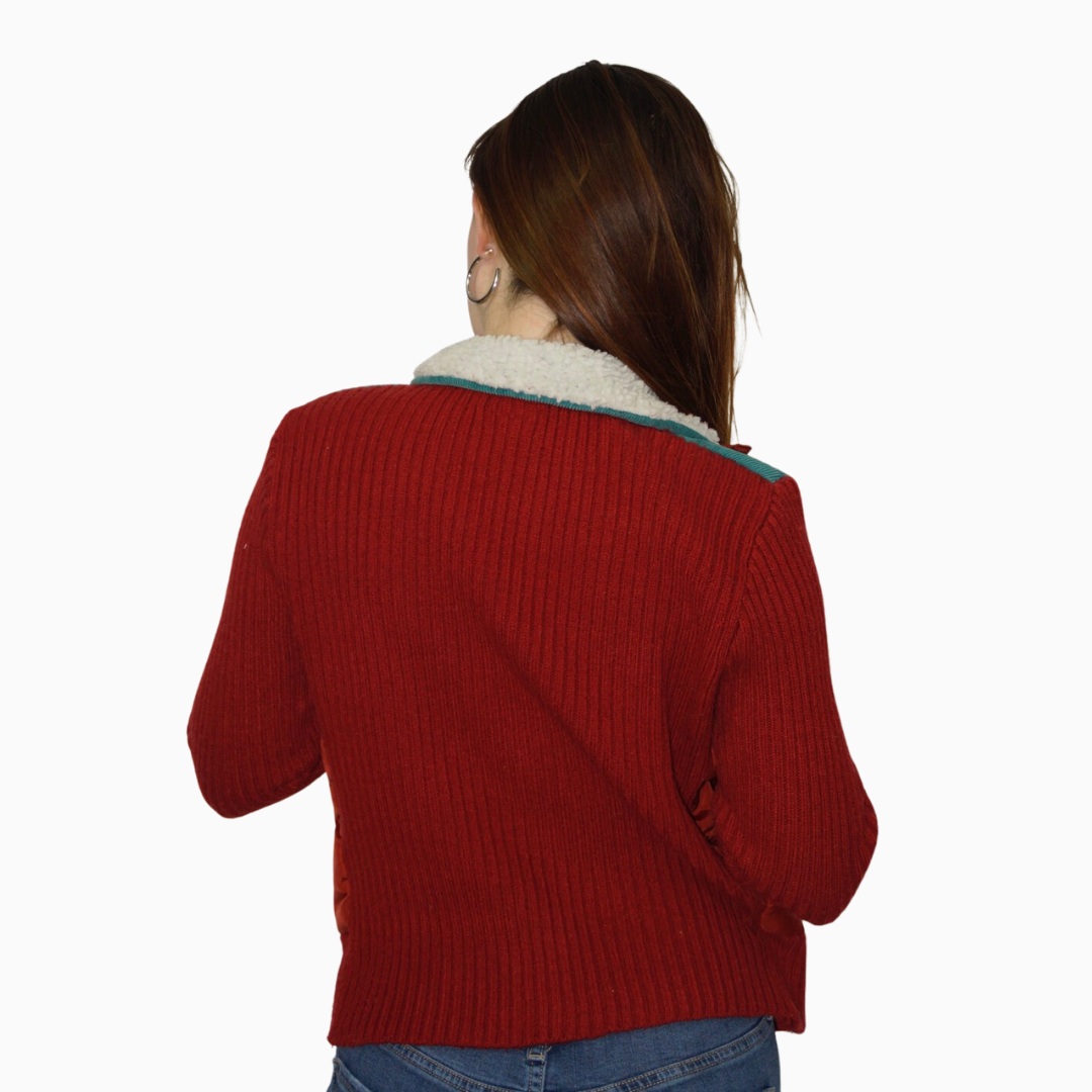 RED SWEATER JACKET WITH SHERPA COLLAR