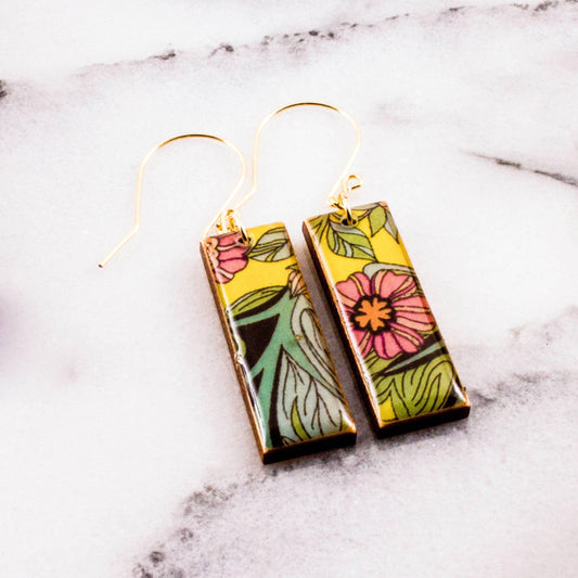 Yellow Nouveau Floral Rectangle Earrings - Chasing Change