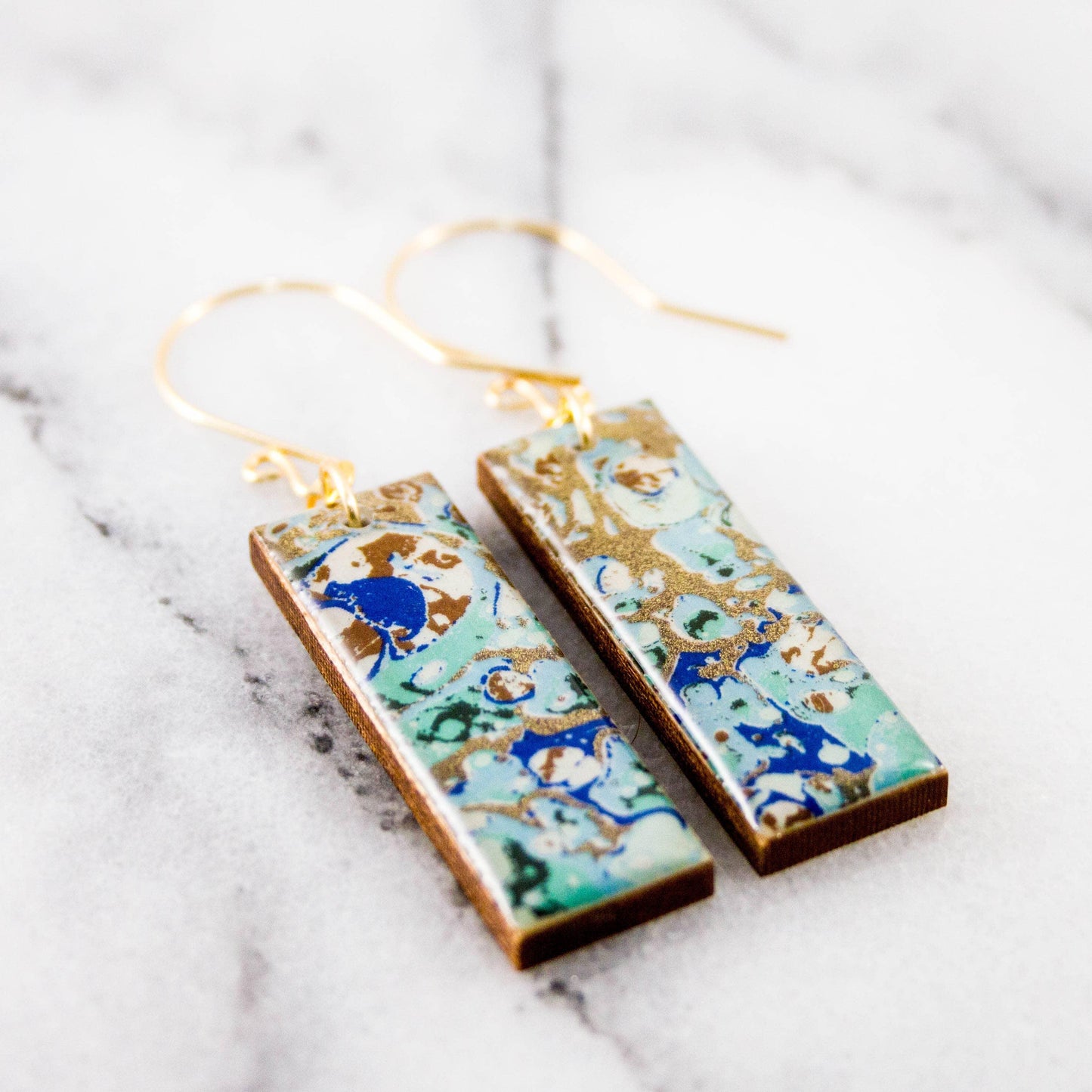 Turquoise + Gold Marble Rectangle Earrings - Chasing Change