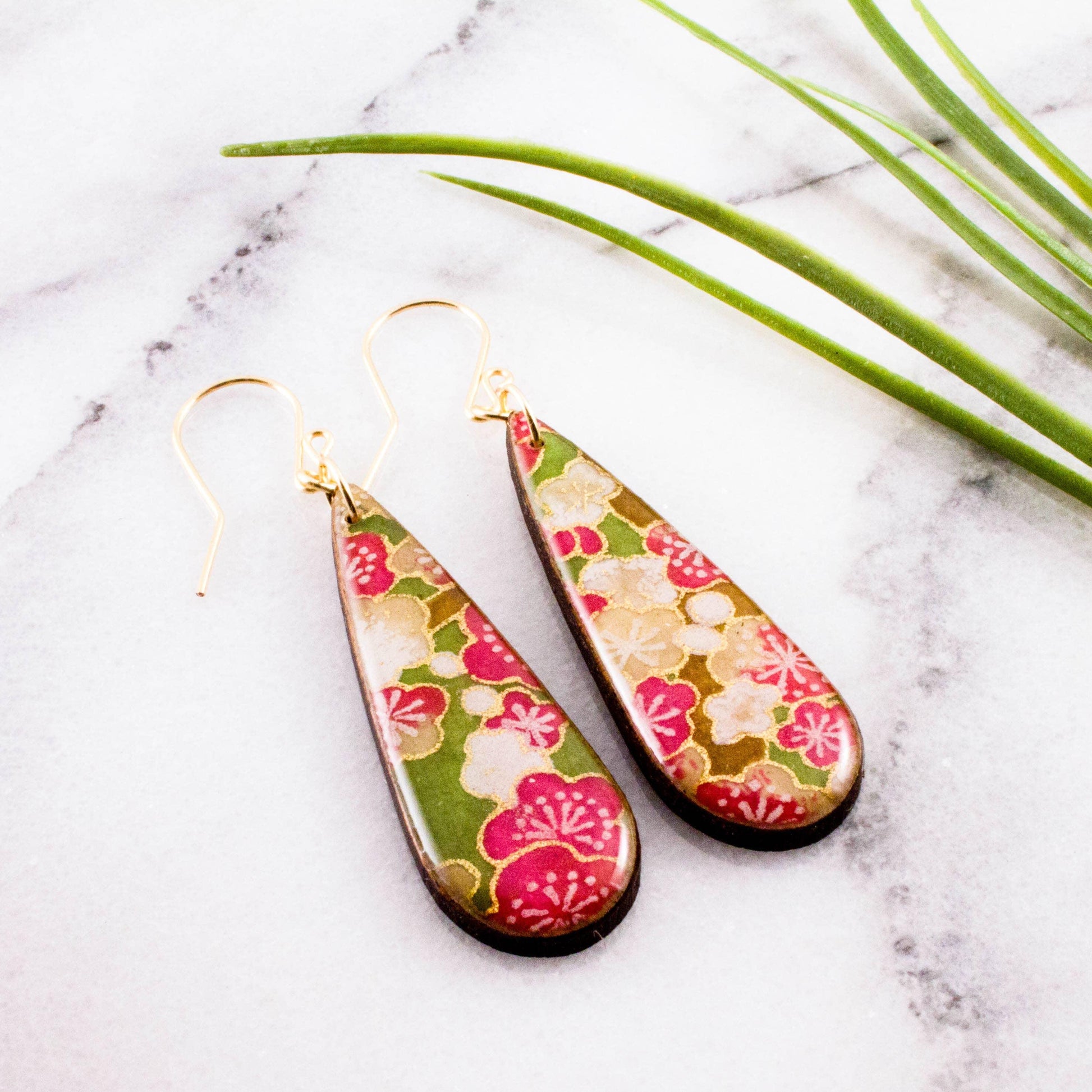 Green + Pink Cherry Blossom Teardrop Earrings - Chasing Change