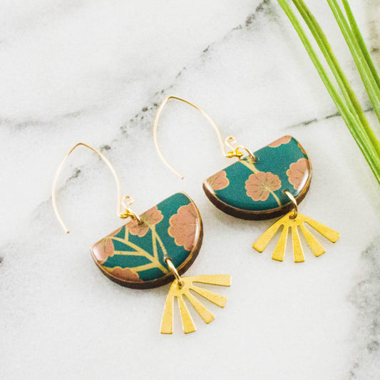 Teal + Pink Floral Brass Fan Earrings - Chasing Change